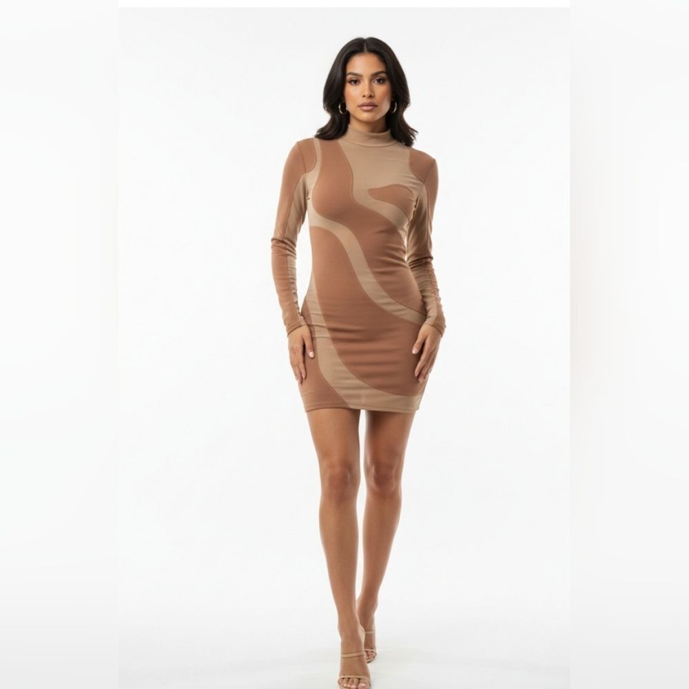 *NWT* PRETTY LITTLE THING BROWN Mesh Swirl Paneled Detail Bodycon Size 10